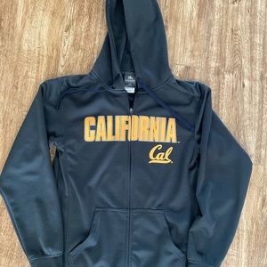 Men’s Cal Berkeley university full zip front logo jacket; size small; blue grey